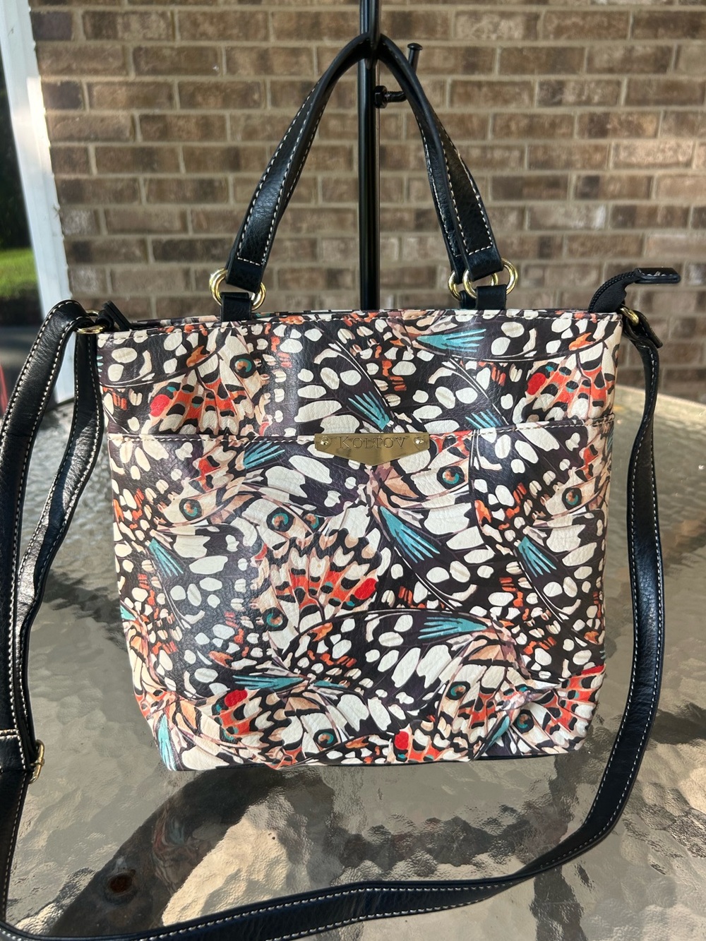Kolton Butterfly Print Satchel Crossbody Handbag Multicolor Black